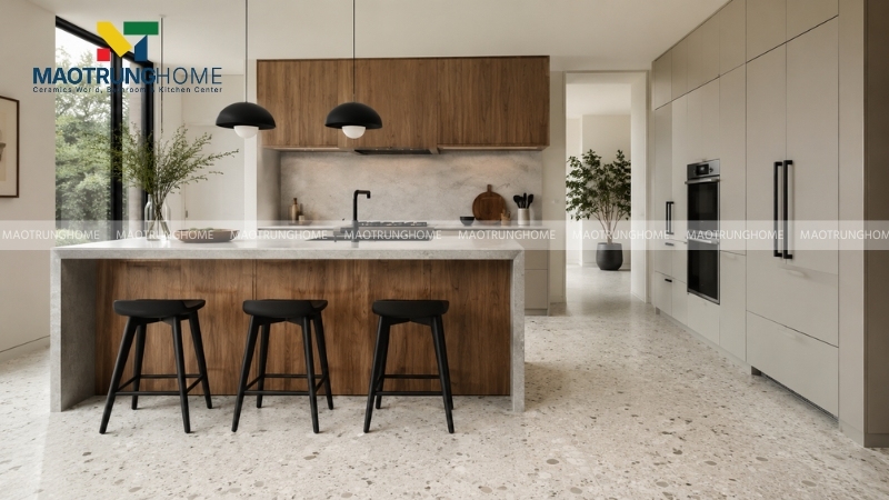 Gạch terrazzo tone màu kem thường ít lộ vết bẩn hơn trắng sáng