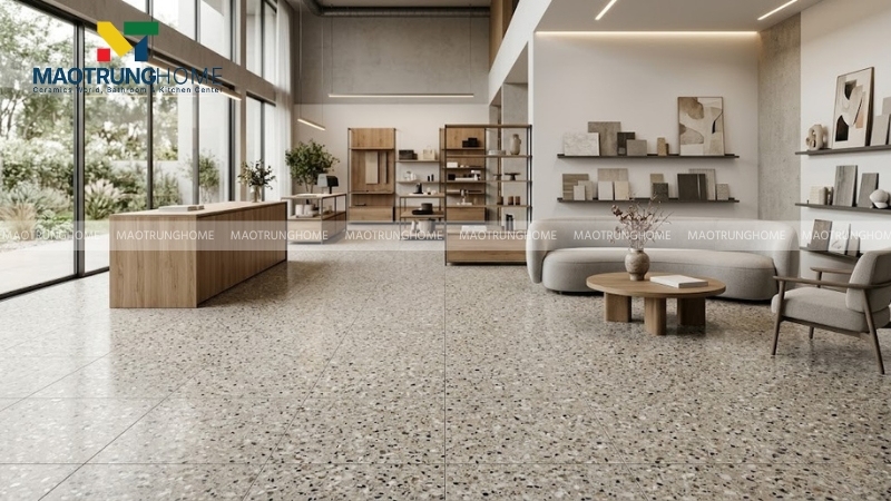 Gạch terrazzo tone màu trung tính lát gạch khu showroom hiện đại