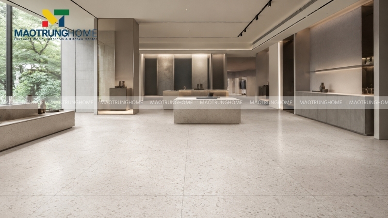 Showroom phong cách tối giản lát gạch terrazzo khổ lớn màu trung tính