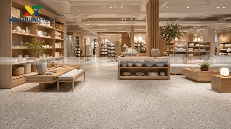 Khu showroom lát gạch terrazzo tone màu trung tính giúp dễ phối màu hơn