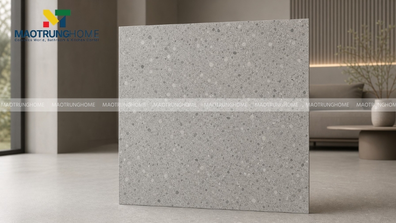 Gạch terrazzo 800x800 màu xám trung tính dễ dùng cho phòng khách và showroom