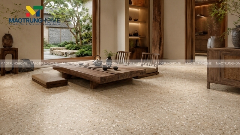 Gạch terrazzo tone màu kem lát phòng uống trà phong cách mộc