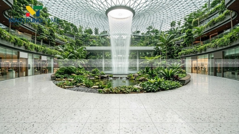 Gạch terrazo màu trắng sáng tạo cảm giác rộng hơn với những khu vực đông người