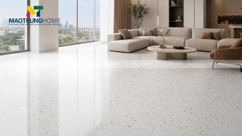 Gạch terrazzo 800x800 tone màu kem lát phòng khách hiện đại