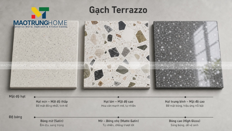 Mẫu gạch terrazzo bóng là dòng gạch có họa tiết hạt đá kiểu đá mài và bề mặt được xử lý bóng