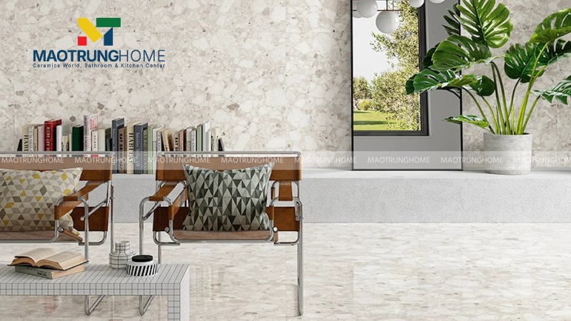 Mẫu terrazzo bóng tông trắng và kem (Mẫu 1)