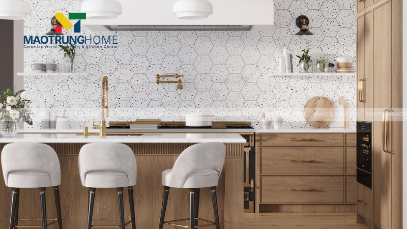 Gạch terrazzo cho bếp, tường backsplash, quầy bar mini