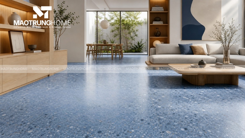 Gạch terrazzo màu xanh là dòng gạch có nền xanh kết hợp họa tiết hạt đá đặc trưng