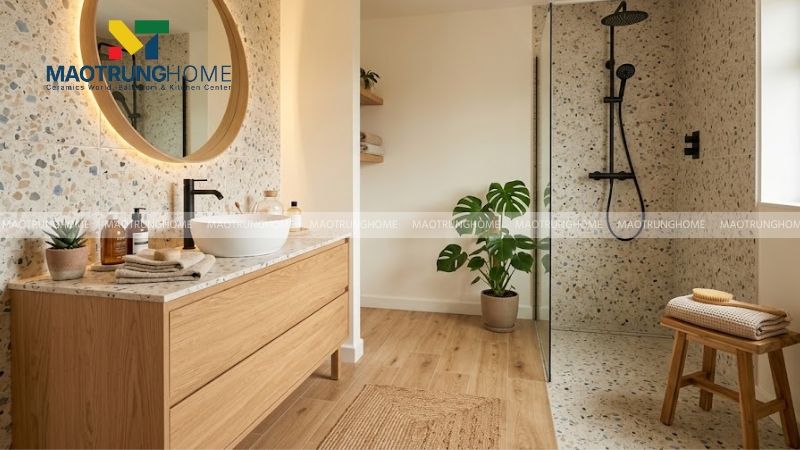Mẫu terrazzo phối gạch giả gỗ tạo cảm giác spa thư giãn (Mẫu 1)