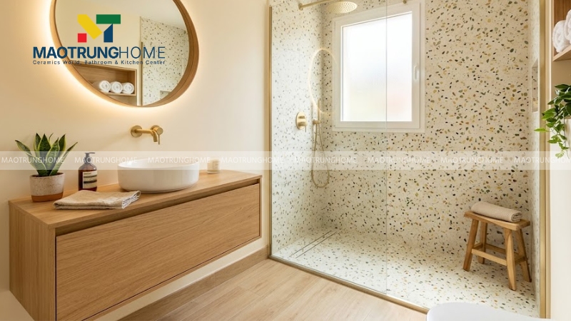 Mẫu terrazzo phối gạch giả gỗ tạo cảm giác spa thư giãn (Mẫu 2)