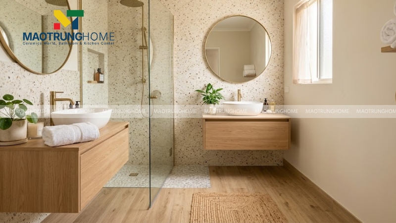 Mẫu terrazzo phối gạch giả gỗ tạo cảm giác spa thư giãn (Mẫu 3)