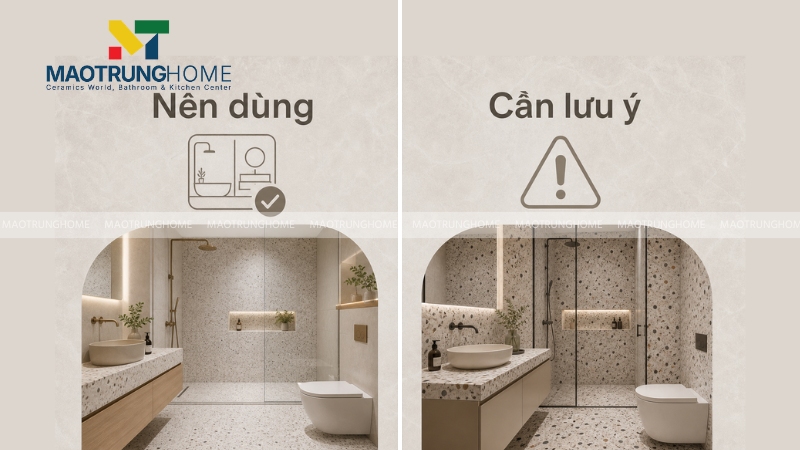 Cần chọn đúng bề mặt, mật độ họa tiết khi sử dụng gạch terrazzo cho phòng tắm