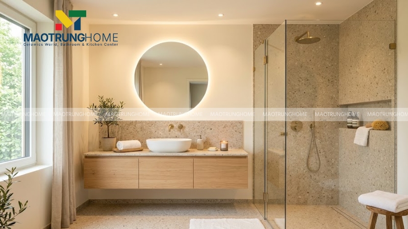 Phối gạch terrazzo với tủ lavabo gỗ sáng, vách kính và ánh sáng ấm