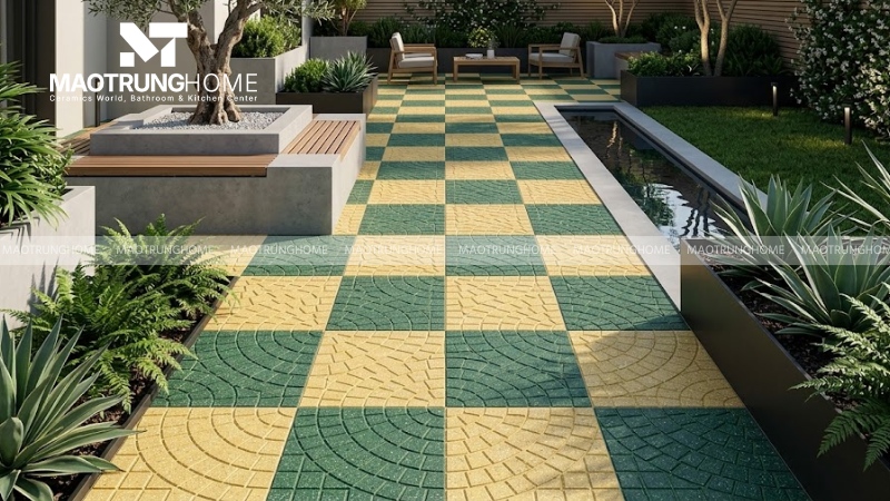 Mẫu gạch terrazzo rẻ quạt vàng/xanh (Mẫu 2)
