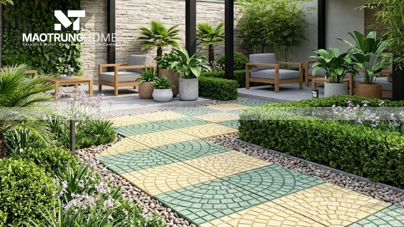 Mẫu gạch terrazzo rẻ quạt vàng/xanh (Mẫu 5)