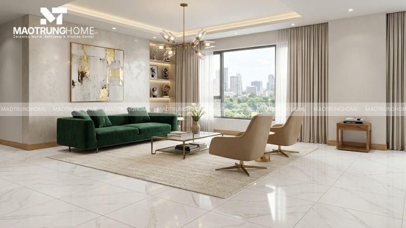 Nên chọn gạch ceramic 600x600 cho phòng khách có vân đá sáng