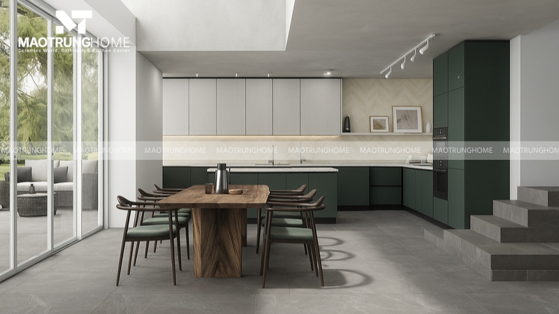 Với gạch lát nền bếp ceramic 600x600, nên chọn bề mặt dễ lau